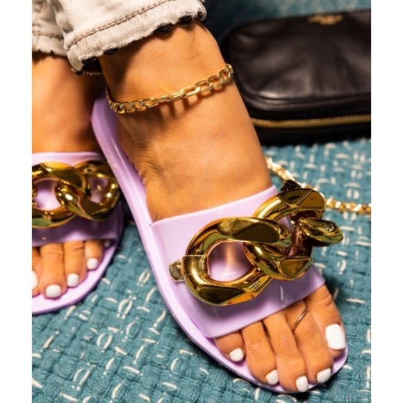 LAVENDER GOLD CHAIN EMBELLISHED GLAM SLIDES - Picture 2 of 4